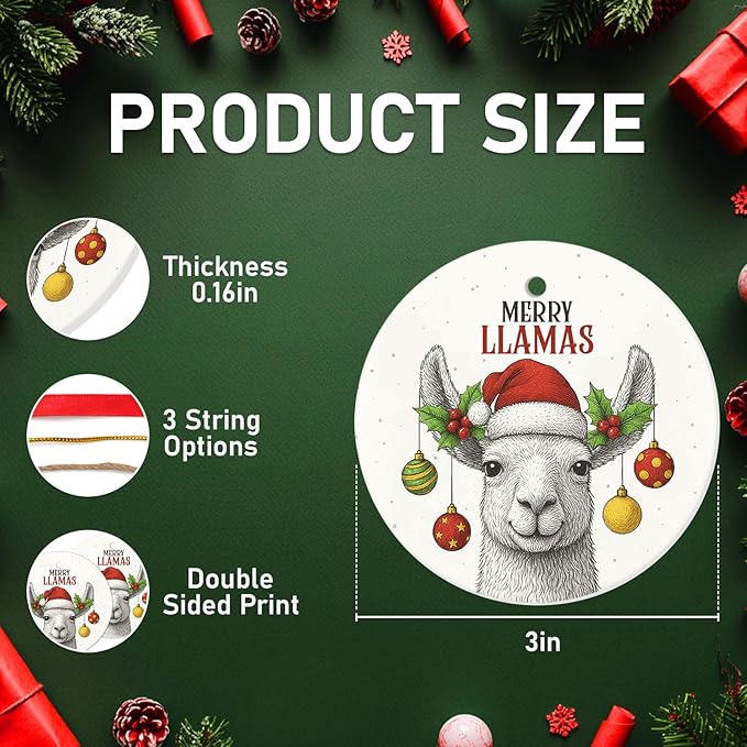 34HD Merry Llamas Ceramic Christmas Ornament – Funny Double-Sided Holiday Llama Tree Decoration for Animal Lovers