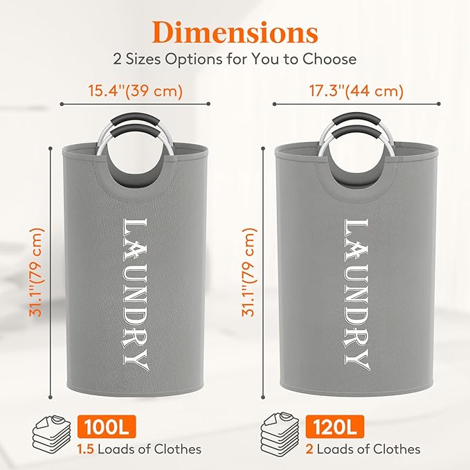 Lifewit 120L 2-Pack Large Laundry Basket, Collapsible Laundry Hamper with Aluminum Handles, Waterproof Freestanding Dirty Clothes Hampers for Laundry Room Bedroom Dorm Bathroom, Silver Grey