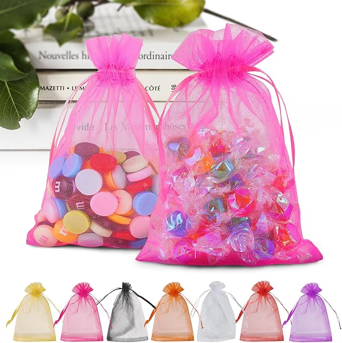 ANZNKU 100 PCS Hot Pink Organza Bags 5 x 7 inch Small Mesh Bags, Mesh Drawstring Gift Bag for Christmas Candy Party Wedding Favor