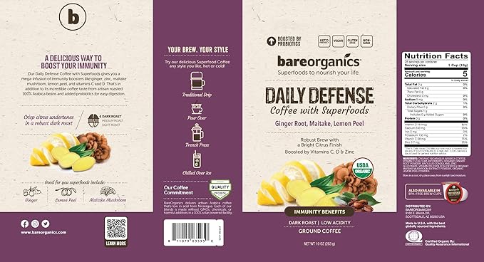 Daily Defense Organic Ground Bagged Coffee – Coffee with Maitake, Ginger Root, Lemon Peel & Superfoods – Healthy Mold Free Probiotic beverage, Vegan, Gluten Free