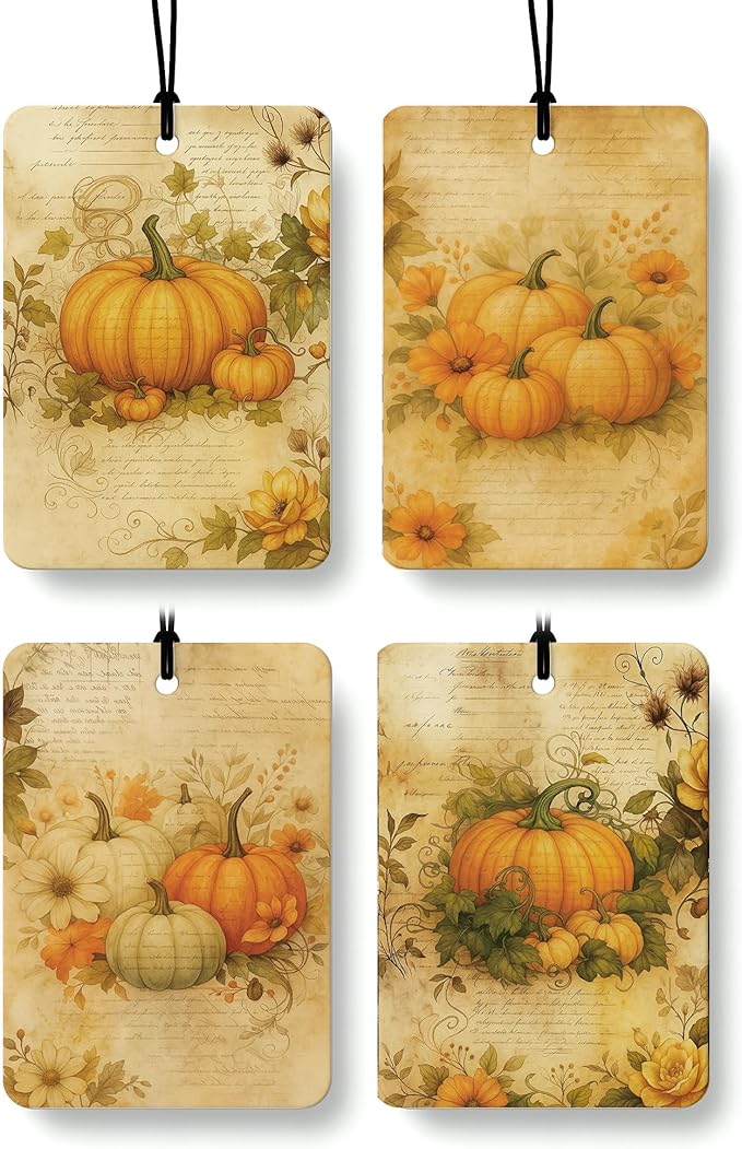 Vintage Fall Pumpkin Car Air Freshener 4 Pcs, Retro Floral Pumpkin Autumn Hanging Air Freshener for Cars Closet Drawer Books, Fall Car Accessories Mirror Decor for Women