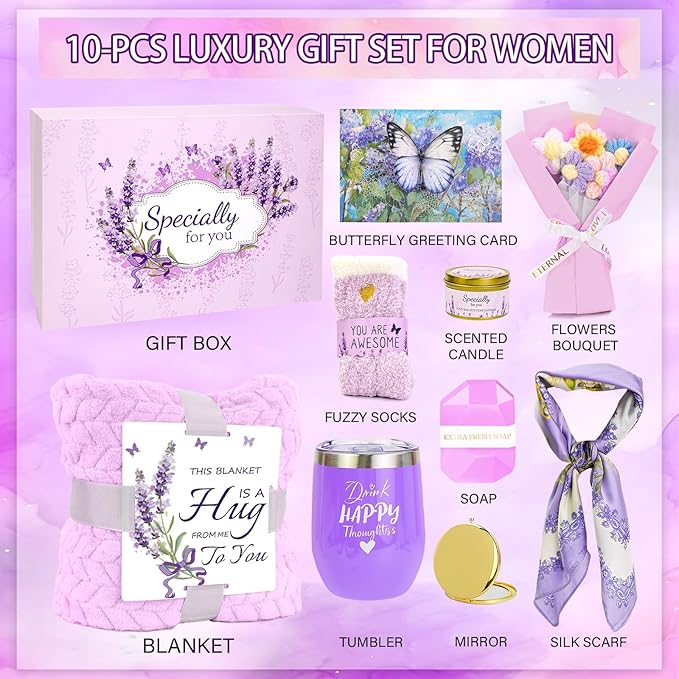Birthday Gifts for Women Friendship Self Care Package Gifts for Women Get Well Soon Gift Baskets Relaxing Blanket Gifts Box for Sister Mom Wife Friend Her Fantasy Box (Purple)