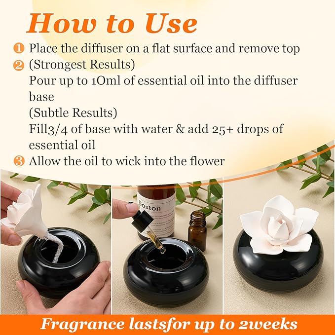 Honeydak Flower Passive Essential Oil Diffuser Stone White Ceramic Porcelain Floral Diffuser with Container Non Electric Handmade Decorative Tabletops Home Decoration Christmas