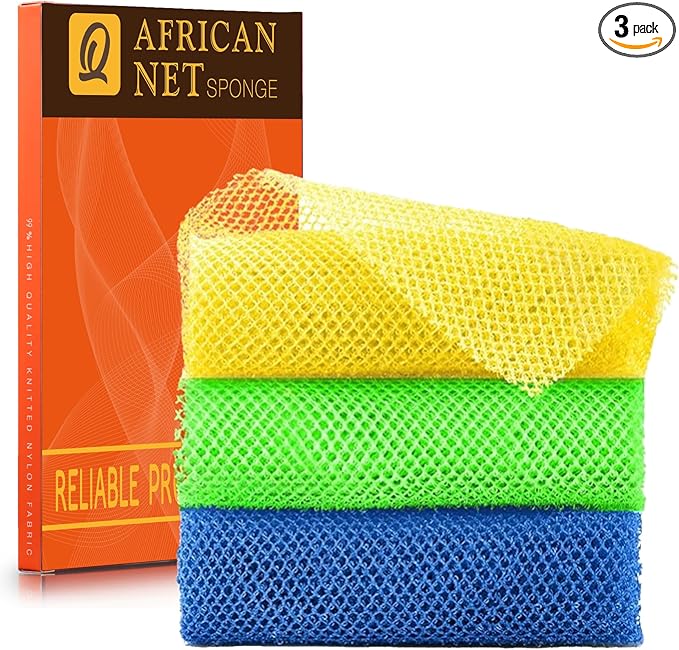 UJFQBH 3 Pieces African exfoliating net African Net Long Net Bath Sponge Exfoliating Shower Body Scrubber Back Scrubber Skin Smoother,Great for Daily Use (Yellow, Green, Blue)