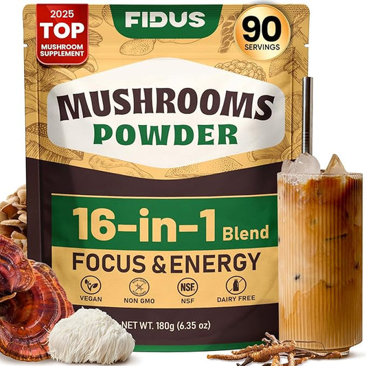 Fidus 16 Mushroom Supplement Powder with 17,300mg, 90 Day Servings Mushroom Coffee Alternative for Immunity, Focus & Energy with Ashwagandha, Lion's Mane, Chaga and Reishi, 100% Fruiting Bodies