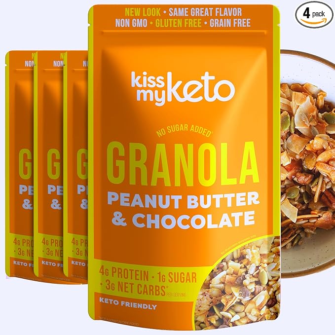 Kiss My Keto Sugar Free Granola, Peanut Butter Chocolate 4-Pack – Curb Cravings with Few Net Carbs – Allulose Sweetened, Resealable & Gluten-Free Crunchy Clusters – Grain Free Granola Great With Yogurt or Milk