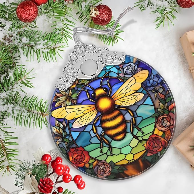 Bee Stained Glass Orament - Christmas Ornament - Christmas Decorations for Tree - Holiday Present ldeas - Gift Exchange