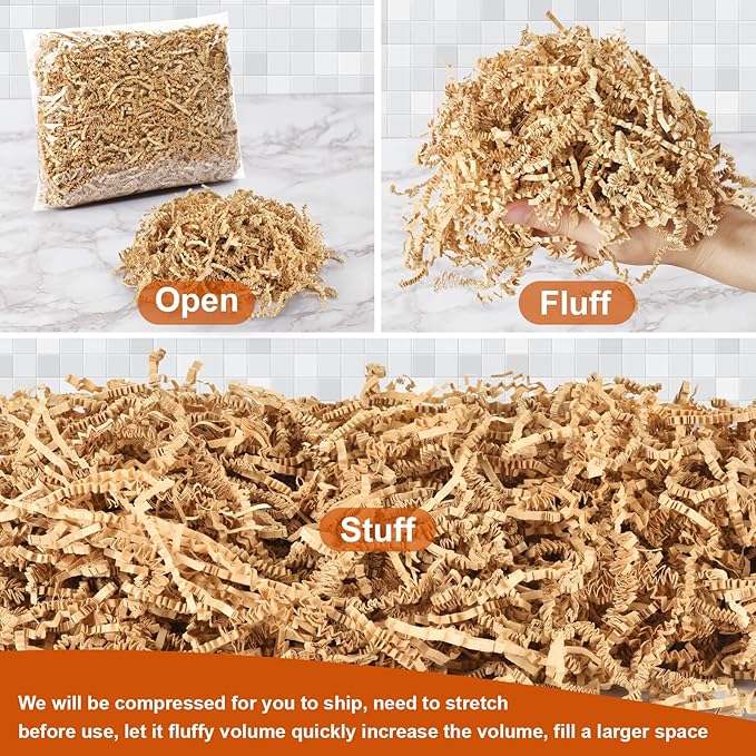 Darfukei Shredded Paper For Gift Baskets, 8oz Kraft Crinkle Paper Filler, Crinkle Cut Paper Shred For Birthdays, Weddings, Anniversaries, Gift Wrapping