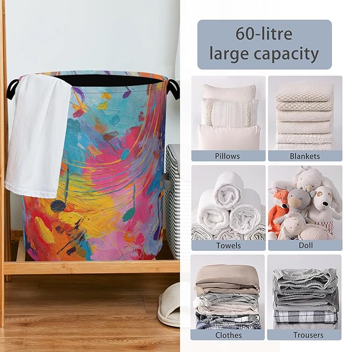 Colorful Music Symbols Laundry Basket,Foldable with Handles Tote Bag Oxford Cloth for Bathroom Bedroom Dirty Clothes Storage Bucket 16" x 20.8"
