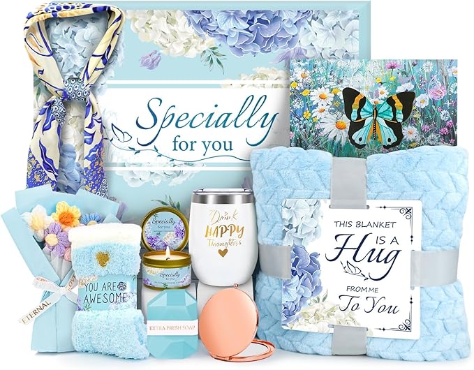 Birthday Gifts for Women Friendship Self Care Package Gifts for Women Get Well Soon Gift Baskets Relaxing Blanket Gifts Box for Sister Mom Wife Friend Her Fantasy Box (Blue)