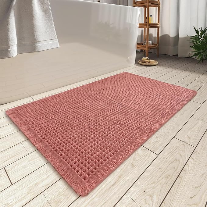 AMOAMI Upgraded Waffle Bath Mat, Super Absorbent Non Slip Bath Mats for Bathroom Floor, Machine Washable Bathroom Rugs with Tassels, Rubber Backed Bathroom Mats, Ultra Soft, 18" x 30", Coral