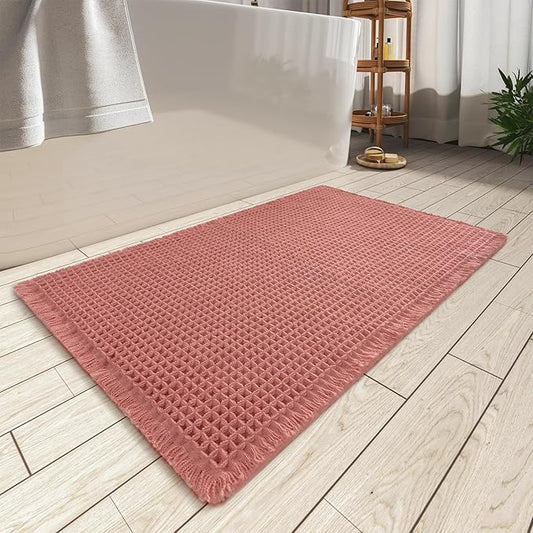 AMOAMI Upgraded Waffle Bath Mat, Super Absorbent Non Slip Bath Mats for Bathroom Floor, Machine Washable Bathroom Rugs with Tassels, Rubber Backed Bathroom Mats, Ultra Soft, 24" x 36", Coral