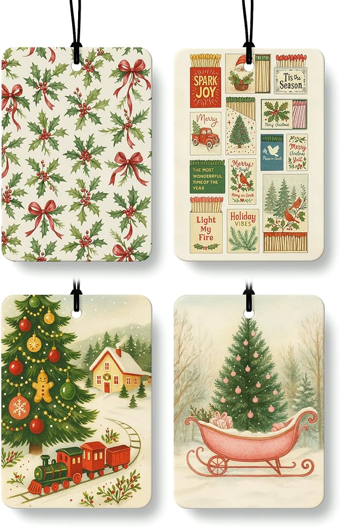 Red and Green Christmas Berry Car Air Freshener 4 Pcs, Red Bow Holly Matchbox Village Xmas Tree Hanging Air Freshener for Cars Closet Drawer Books, Girly Car Accessories Mirror Decor for Women