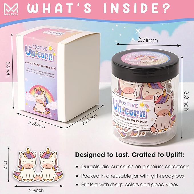 Positive Unicorn Jar, Emotional Supports Unicorns 60 Affirmation Cards, Back to School Gifts for Girls Teacher, Birthday Gift for Women Teen Girls, Friends Daughter Mom Wife, Unicorn Desk Decor