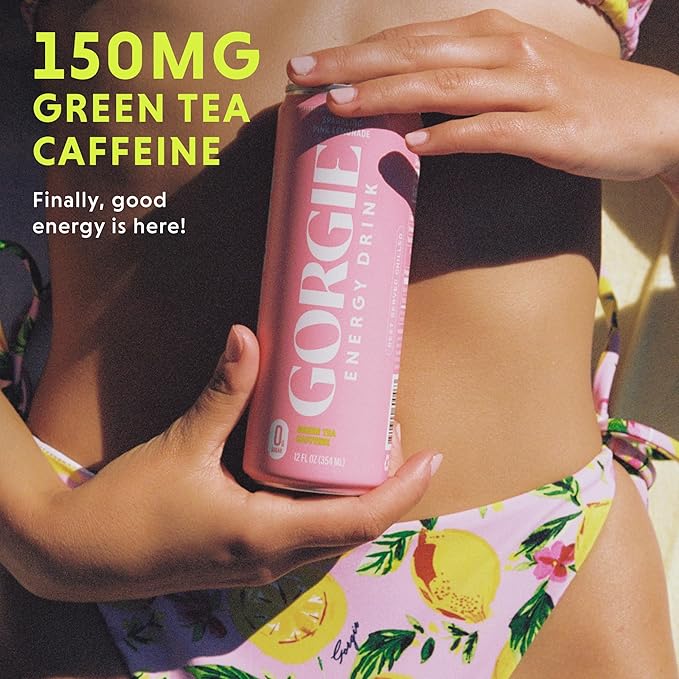 GORGIE Sugar-Free Natural Energy Drinks, Pink Lemonade (12 Pack) - Healthy Energy Drink - Natural Coffee Replacement with Green Tea Caffeine and Biotin, 150mg Caffeine, Vegan, Low Calorie