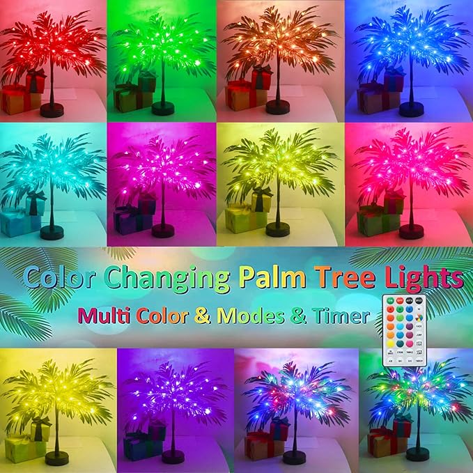 23In Color Changing Light Up Palm Tree - Battery/USB Powered Artificial LED Lights for Tropical Party Decorations, Luau Summer Hawaiian Home Table Top Decor