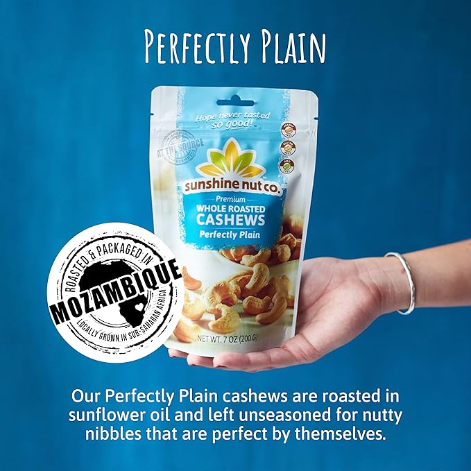 Sunshine Nut Company Whole Roasted Cashews, Perfectly Plain Flavor, No Added Salt, 4 Pack, 7 oz. Each, Gluten Free, Peanut Free and Vegan Individual Snack Packs for Kids and Adults, GMO Free