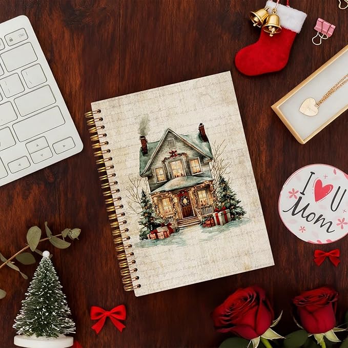 Exqcom Christmas House Spiral Notebook Gifts, Winter Holiday Cottage Retro Journal for Women, Christmas Office Gifts Hardcover Notebook Journal Office School Supplies, 5.5x8.3 Inch