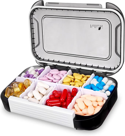 Fullicon Large Pill Organizer with 8 Compartments, Moisture Proof Travel Pill Box with Removable Divider, Daily Pill Container with Lables, Pill Case for Vitamin, Fish Oil, Supplement (Black)
