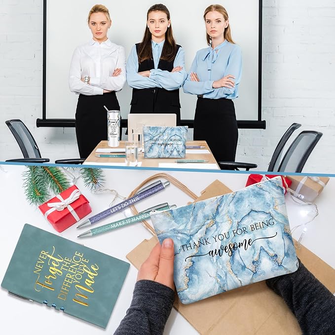 Domensi 6 Pcs Employee Appreciation Gift Set for Women Female Thank You Gift May You Be Proud 20 oz Rustic Marble Sign Tumbler Makeup Bag Journal for Teacher Nurse Lady Work Business(Blue)