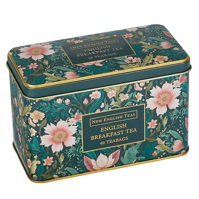 New English Teas Victorian Garden Tea Tin with 40 English Breakfast Teabags, Inspired by Embroidery & Textile Styles