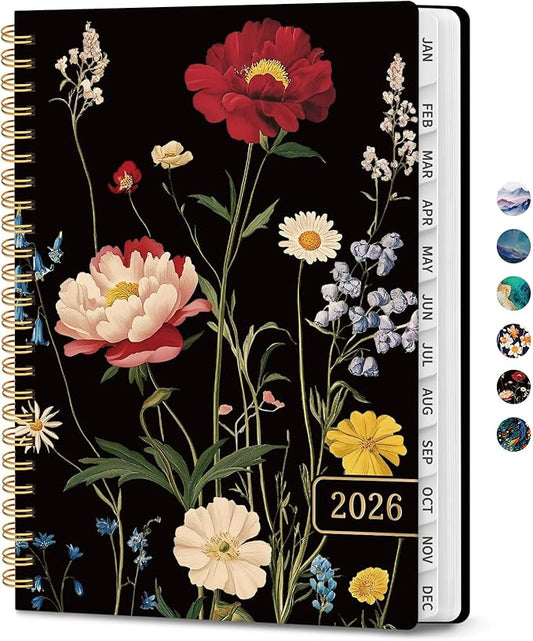 2026 Planner, Monthly and Weekly Calendar Planner for Women, January 2026 - December 2026, Hardcover Pretty 2026 Agenda Planner Book with Tabs, Spiral Bound, Perfect for School Office Home Supplies, 6.3" x 8.5" - Peony Bloom