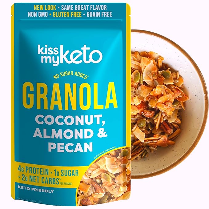 Kiss My Keto Sugar Free Granola, Coconut Almond Pecan 1-Pack – Curb Cravings with Few Net Carbs – Allulose Sweetened, Resealable & Gluten-Free Crunchy Clusters – Grain Free Granola Great With Yogurt or Milk