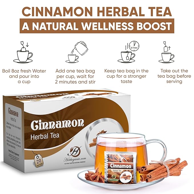 HERBOGANIC Cinnamon Herbal Tea - Digestion Support and Immune Boost | Refreshing and Delicious Blend | Natural Ingredients | 20 Tea Bags