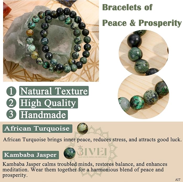 Bivei Natural Gemstone Semi Precious Healing Crystals Handmade Stretchy Round Beads Bracelet, Enhance Positive Energy
