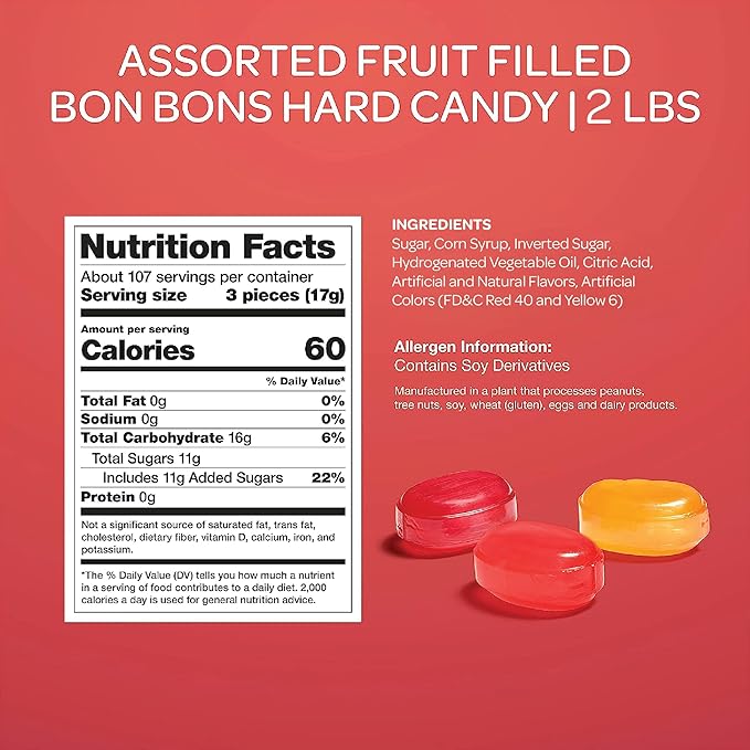 Fruit Filled Hard Candy - 2 Pound Bulk Pack (About 150 Count) - Assorted Flavors Bon Bons - Cherry, Orange, Strawberry, Raspberry