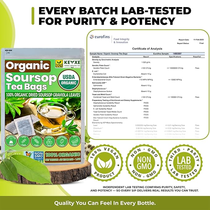 KEYXE Organic Soursop (Graviola) Tea Bags – Caffeine-Free, 30 Tea Bags