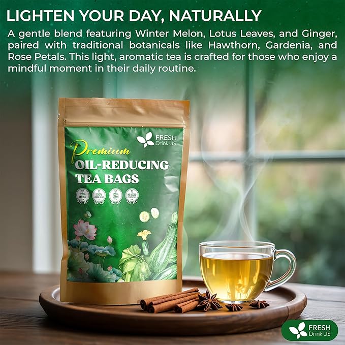 FreshDrinkUS, Oil-Reducing Herbal Tea – 40 Tea Bags | Blend of Winter Melon, Lotus Leaf, Ginger, Hawthorn, Gardenia Fruit, Rose, Cassia Seed & More | Naturally Caffeine-Free | Delicious Hot or Iced