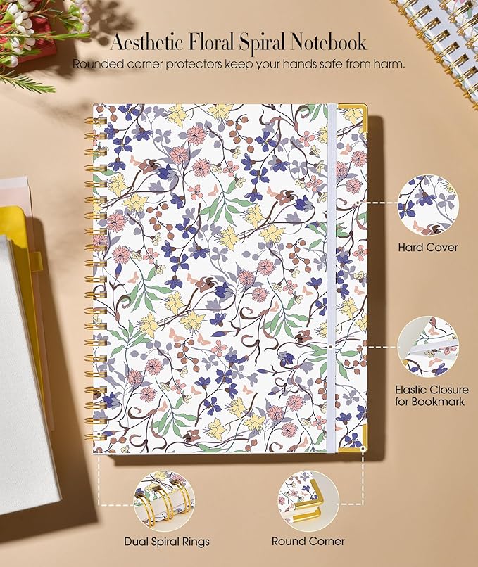 Cute Spiral Notebook Journal for Women, 200 Pages Lined Notebooks 8.5” x 11”, A4 Large Hardcover Spiral Journals with 100 GSM Thick Paper, College Ruled Notebook for Writing Work School, Purple Floral