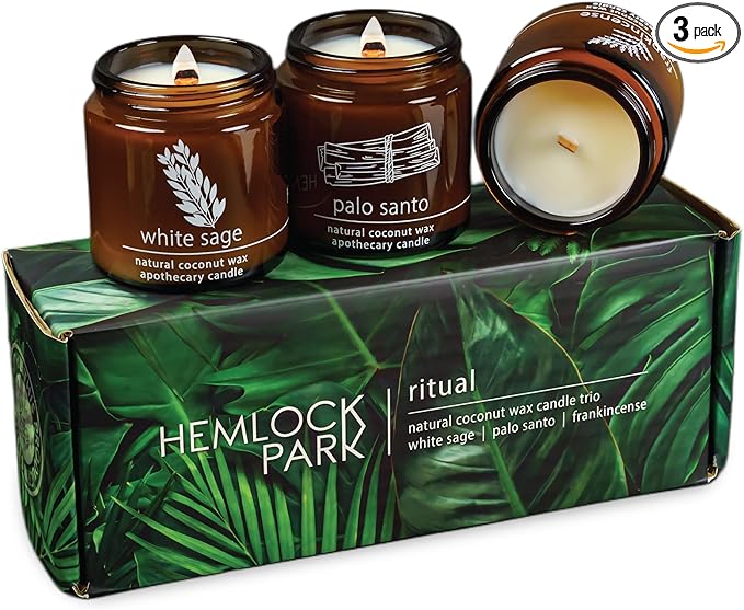 Hemlock Park Apothecary Wood Wick Candle Trio | Gift Set of Three 4 oz Candles Handcrafted with Natural Coconut Wax (Ritual | Sage, Palo Santo, Frankincense)
