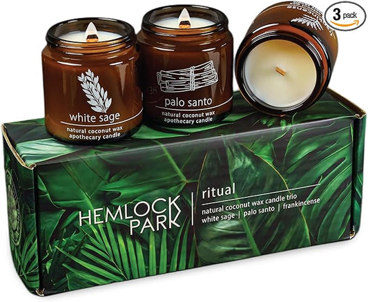 Hemlock Park Apothecary Wood Wick Candle Trio | Gift Set of Three 4 oz Candles Handcrafted with Natural Coconut Wax (Ritual | Sage, Palo Santo, Frankincense)