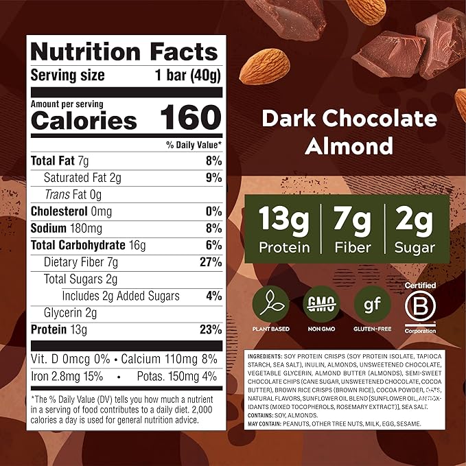 Simply Protein - Dark Chocolate Almond Crispy Bars - Plant Based Protein Bars - Low Carb, Low Sugar, High Fiber - 13g Protein, 2g Sugar, 7g Fiber - Vegan, Gluten Free, Non GMO, Kosher - 4 Bars