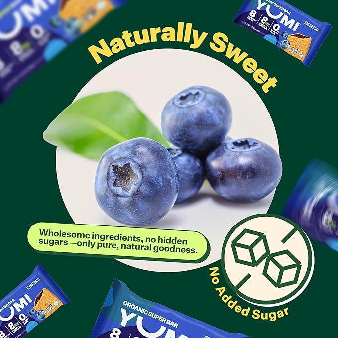 YUMI Organic Breakfast Superbar, Gluten-Free, No Added Sugar, 7+ Vegetables, Soft-Baked Crust, Healthy Snack Bars for Kids, School Safe, Healthy Alternative to Granola Bars or Cereal Bars, Blueberry (30ct)