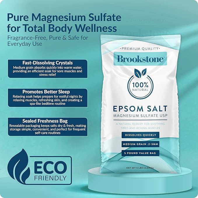 Brookstone 5 lb Epsom Salts Bulk Bag, Premium Magnesium Sulfate USP, Medium Grain – Unscented Salt Bath Soak, Bulk Epsom Salt Bath Soak for Soaking, Muscle Relief, Stress Relief & Skin Care