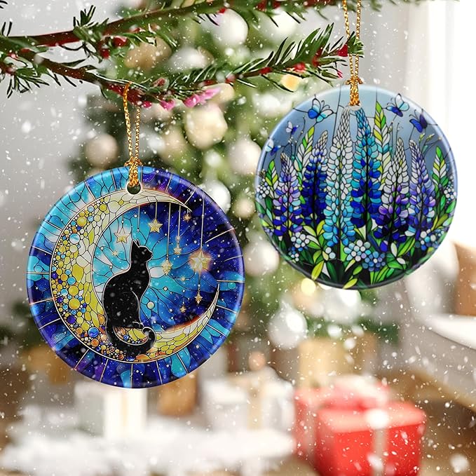 Black Cat Ornament – Christmas Decoration & Christmas Ornament; Round Ceramic (Holiday Present, Bauble Present, Gift Idea, and Gift Exchange) | Heirloom Keepsake