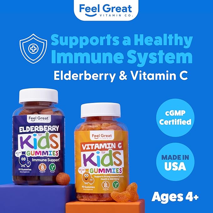 Feel Great Immune Support Gummies for Kids Duo - 90 Day Supply - Zinc, Vitamin C, Elderberry - Gluten Free, Plant Based - Tasty Berry & Citrus Gummies