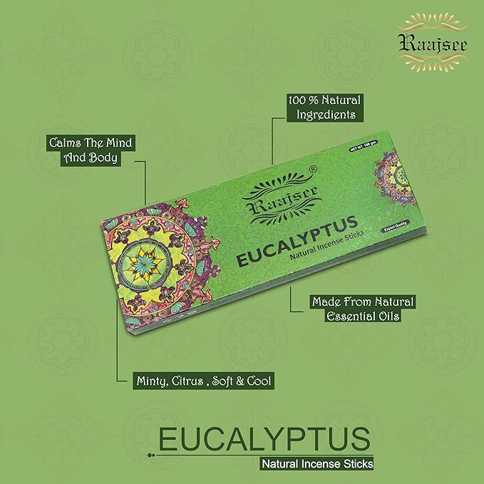 Raajsee Incense Sticks Eucalyptus 100 gm Pack-100% Pure Organic Natural Hand Rolled Free from Chemicals-Perfect for Church, Aromatherapy,Relaxation,Meditation,Positivity & Sensual Therapy
