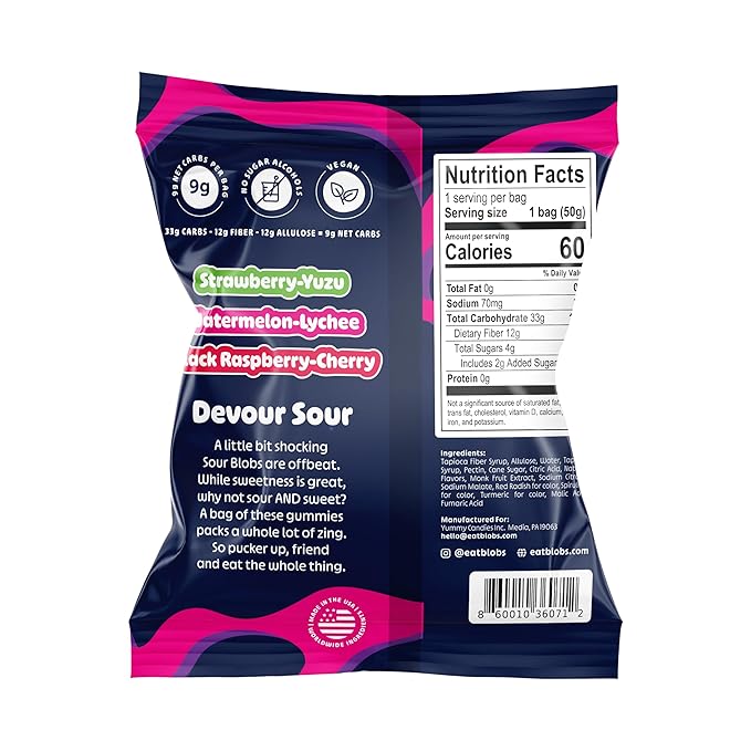 Blobs SOUR Gummy Candy Low Sugar & Low Calorie- No Sugar Alcohols, Vegan, No Dyes- Watermelon-Lychee, Black Ras Cherry, Strawberry Yuzu- (Pack of 6) Mixed Bag, All Three Flavors Per Bag