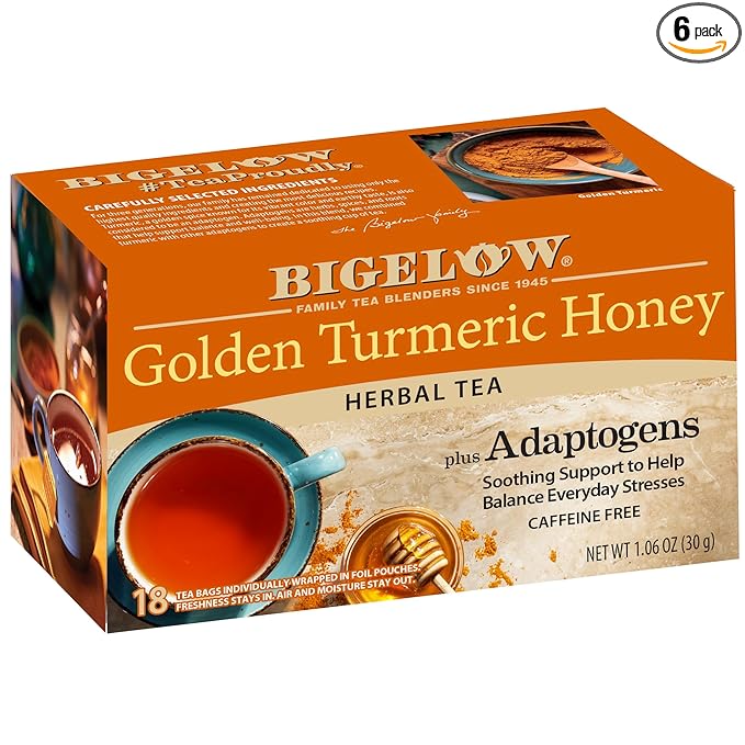 Bigelow Tea Golden Turmeric Honey plus Adaptogens, 18 Count (Pack of 6), 108 Total Tea Bags