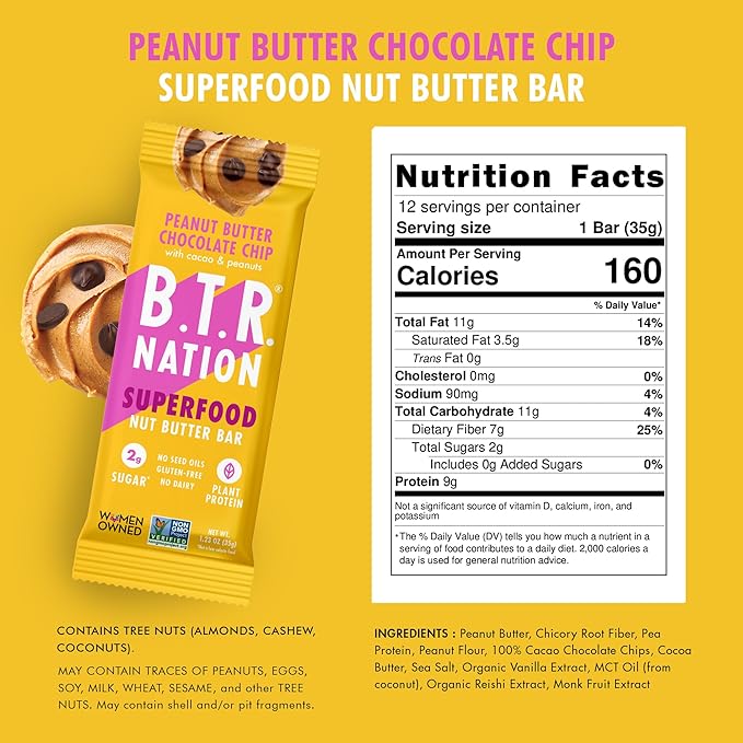B.T.R. Nation Vegan Keto Superfood Protein Bars - Peanut Butter Chocolate Chip BLISS | (12) Bars | Low Carb, Plant Based, Gluten Free, Free of Sugar Alcohols & Boosted with Powerful Superfoods!