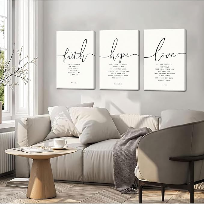 Farmhouse Bible Verses Wall Decor for Living Room - Minimalist Christian Scripture Wall Art Set of 3, Faith Hope Love Canvas Prints Religious Decor for Bedroom Office 16x24 inch Framed