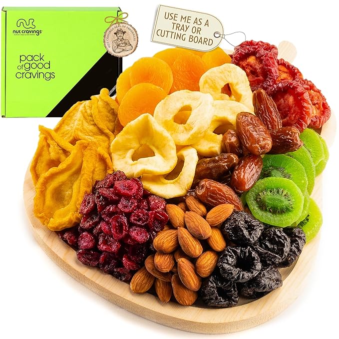NUT CRAVINGS - Diwali Sweets Hamper Dried Fruit & Mixed Nuts Gift Basket in Wooden Pear-Shaped Tray (9 Assortments) Food Arrangement, Healthy Snack Care Package,