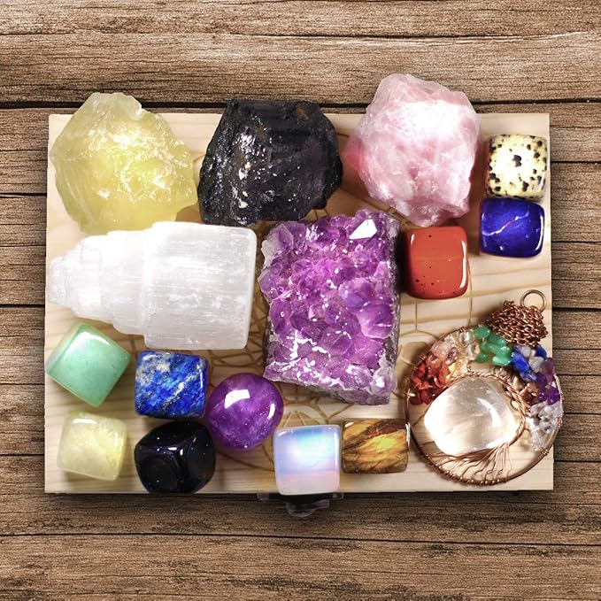 AtPerry's 16 LARGE Natural Healing Crystals Set in Wooden Box - Tumbled, Rough & Raw Crystals, Including Selenite Tower, Black Tourmaline, Amethyst, Rose Quartz, Lapiz Lazuli, Citrine & Tiger's Eye