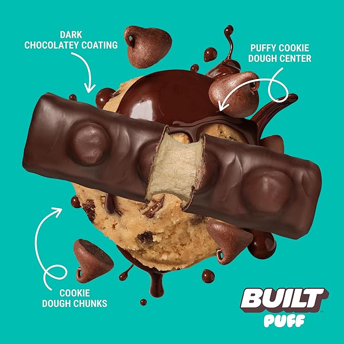 Built Bar, Puff Protein Bars, Cookie Dough Chunk Puff, 15g Protein Snacks, On-The-Go Bars, Only 160 Calories, 8g Sugar, Collagen, Not Gluten Free, 12 Count