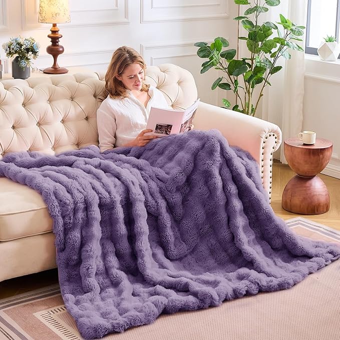 Lotus Karen Faux Fur Throw Blanket Purple - Big Bubble Rabbit Fluff King Blankets for The Bed,Softest Fluffy Fuzzy Cozy Blanket,Thick Furry Plush Shaggy Warm Blankets for Women,108x90 Inches