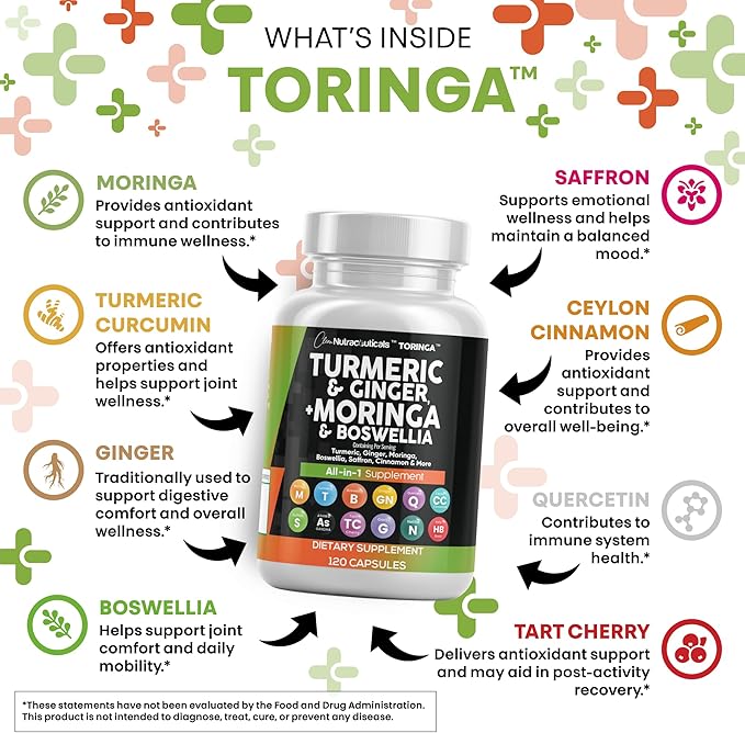 Clean Nutraceuticals Turmeric Moringa Supplement | Ginger Boswellia Saffron - Supplement for Women and Men with Ceylon Cinnamon, Tart Cherry, Quercetin Garlic Nettle Holy Basil - 1Pack